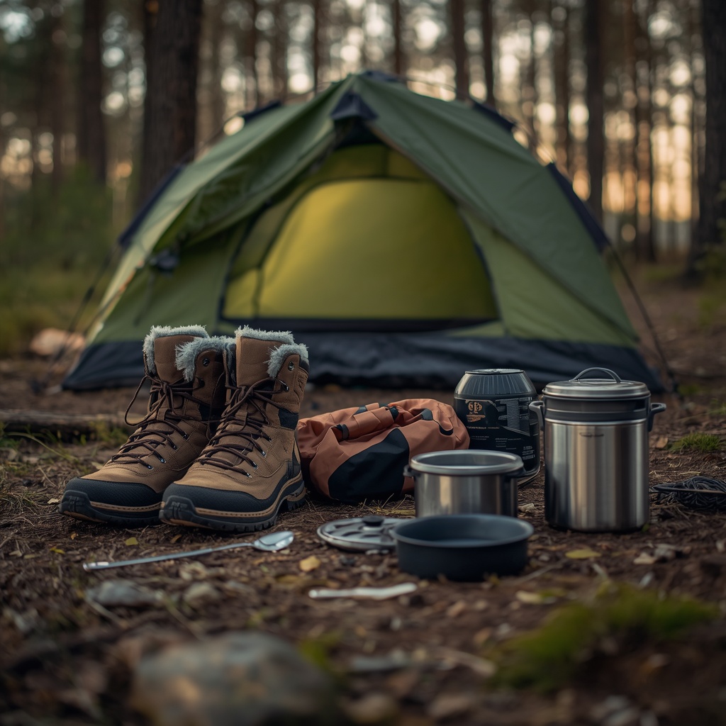 Camping gear laid out on a forest floor with an open tent